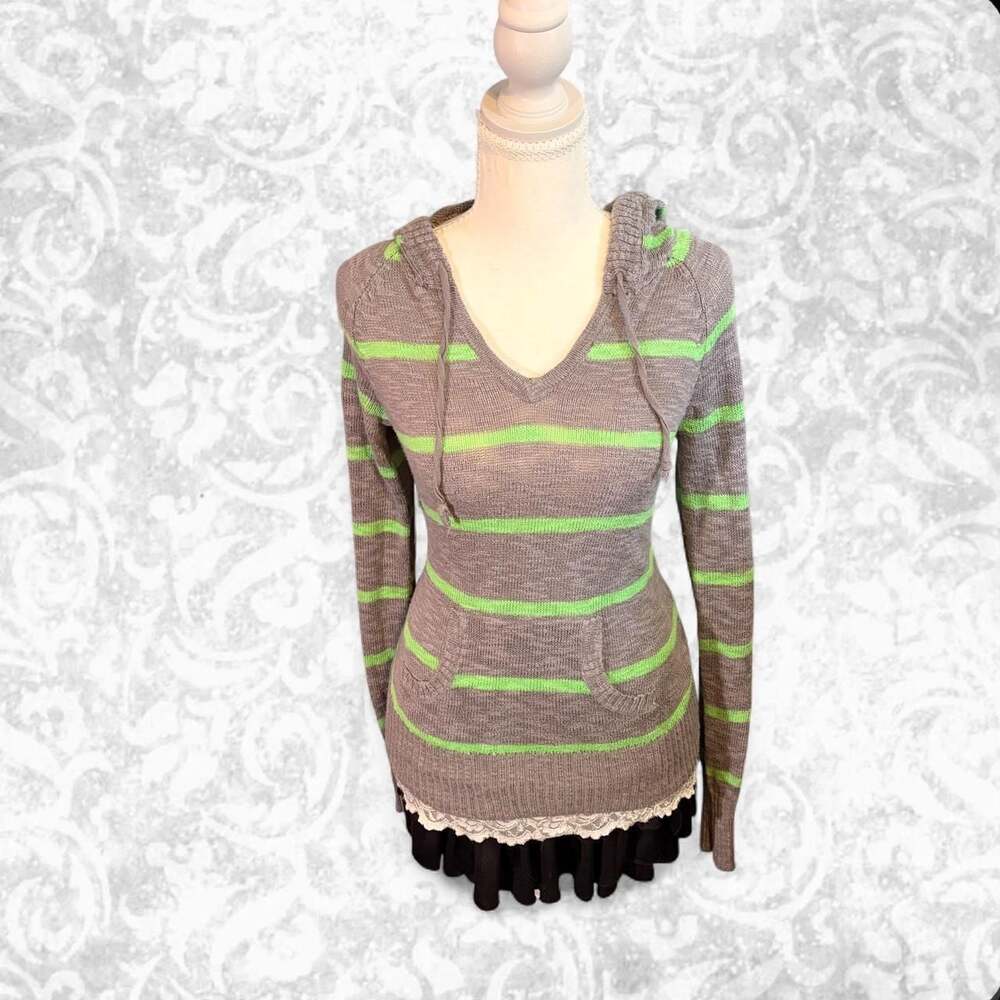 SO Striped V-Neck Hoodie Sweater Gray and Neon Green Size M